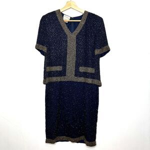 Vintage Stenay 100% Silk Beaded Short Sleeve V neck Blue Dress Size 8